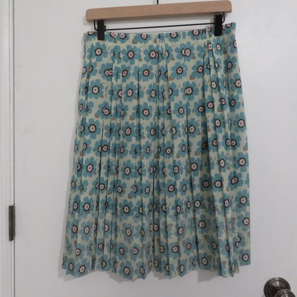 Vera Wang Lavender Label Women Sz 2 Blue Cream Brown Floral Pleated Midi Skirt - Picture 2 of 6
